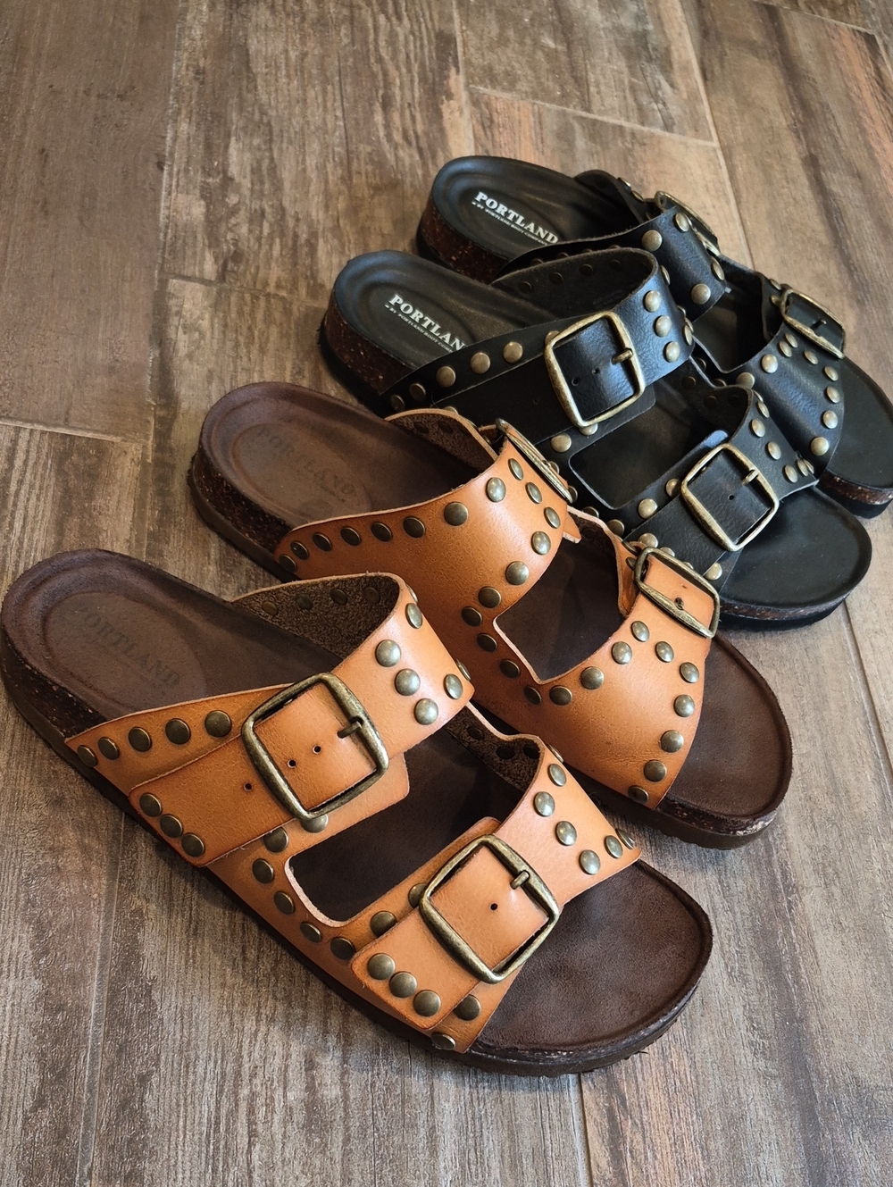 7.5/8 Portland Faux Leather Studded Adjustable Buckle Slide Sandals - Picture 3 of 11